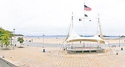 Panoramic view of Orchard Beach, facing from the bathhouse pavilion