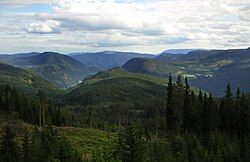 View over Begnadalen from Lærskogen, with the large woodland ranging all over to Randsfjorden on the left and Hedalsfjella in the right background.