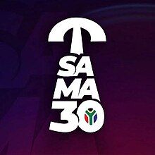 Logo of the South African Music Awards statuette placed on top of a text of SAMA 30. With a dark violet background, the flag of South Africa is placed inside of the letter "O."