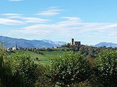 The Château de Mauvezin and the Pyrenees in the background