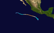 A map of the path of a hurricane off the Pacific coast of Mexico, generally moving to the west-northwest throughout its duration