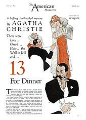 Drawing of a gentleman in a dinner suit twirling his large moustache, illustrating the Christie story "13 for Dinner"