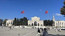 Main entrance gate of Istanbul University on Beyazıt Square. Beyazıt Tower, located within the campus, is seen in the background.