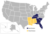 A map of the SEC as it existed between 1991 and 2012, with East (blue) and West (yellow) divisions.