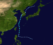 A track map showing the path of a tropical storm over the western Pacific Ocean. The system moves in a generally westward direction until it reaches a location just east of the Philippine island of Luzon. At this point, the system abruptly turns northward; this motion continues until the system reaches the Korean peninsula, where it turns to the northeast and continues in that direction until dissipation.