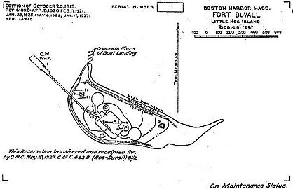 A 1938 map of Fort Duvall, with Battery Long, indicated. Gun 2 is on the left. At that time, Hog Island was not connected to Hull.