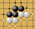 Image 14One black chain and two white chains, with their liberties marked with dots. Liberties are shared among all stones of a chain and can be counted. Here the black group has 5 liberties, while the two white chains have 4 liberties each. (from Go (game))