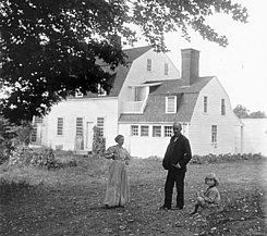 Annetta Saint-Gaudens with husband, Louis, and son, Paul, in front of their home in Cornish N.H.