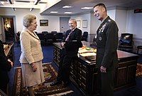 Thatcher sharing a laugh with Donald Rumsfeld and Peter Pace