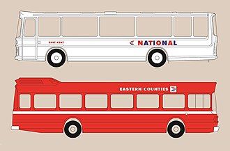 Norman Wilson's corporate identity for the National Bus Company, applied to the trademark National 'white coach', and to an Eastern Counties local bus.