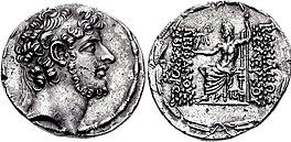 Coin of Seleucus VI. Obverse depict the king bearded. Reverse depicts the god Zeus.