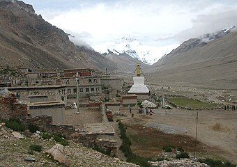 Rongbuk monastery in August 2005, Mount Everest in the background