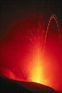 Eruption of Stromboli (Isole Eolie/Italia), ca. 100m (300ft) vertically.