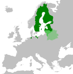 Swedish Empire (dark green) in 1655–1657 with Lithuania (light green) as its protectorate. Diagonal lines represent territories occupied by the Tsardom of Russia.