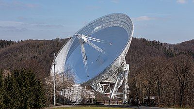 The 100 meter (300 foot) Effelsberg radio telescope built at Bad Münstereifel, Germany in 1972, the largest aperture steerable dish until 2000.