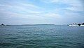 The ferry harbor with Mackinac Island in the distance