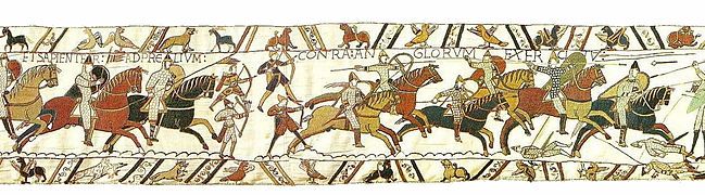 Scene 51 from the Bayeux tapestry. The horseman's spear standard at left bears three roundels.