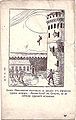 Bulgarian postcard from the late 19th century. The caption reads: A Macedonian merchant jumps from the scary Turkish prison "Blood Tower" in Salonica, to escape Turkish tortures.