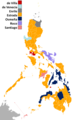 Provinces where Estrada won at least a plurality are in orange; provinces where Marcos' ally Juan Ponce Enrile won at least a plurality are in gray. The Marcoses supported Estrada in the election.