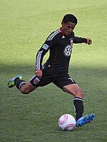 Andy Najar prepares to strike a ball during a regular season match at Columbus Crew Stadium