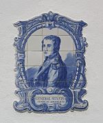 Portrait is labeled GENERAL SILVEIRA CONDE DE AMARANTE and is composed of ceramic tiles. The blue-tint illustration shows a clean-shaven man in a coat with epaulettes.