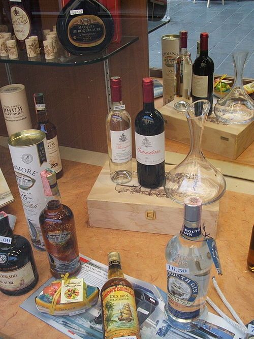 Bottles of wines and liquors in the window of a shop