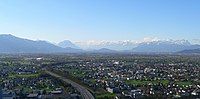 Vorarlberg Rhine Valley seen from the Gebhardsberg to the south. In the foreground is the A14 and Lauterach