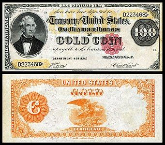 One-hundred-dollar gold certificate from the series of 1882, by the Bureau of Engraving and Printing