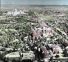 The Victorian landscaping and architecture of the Mall looking east from the top of the Washington Monument, showing the influence of the Downing Plan and Adolph Cluss on the National Mall c. 1904.