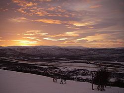 The Hemavan Valley, viewed from the ski resort, just after noon a few days before the winter solstice in December 2007