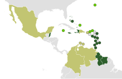 Map of CARICOM with full members states highlighted in green, associate members in lime green, and observers in pistachio