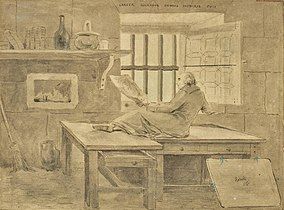 Self Portrait in Prison (ca 1793–94), ink, wash, watercolor and chalk, 17.6 x 23.8 cm., Galerie Coatalem