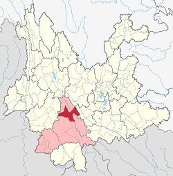 Location of Zhenyuan County (red) and Pu'er City (pink) within Yunnan