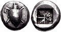 Image 50Silver stater of Aegina, 550–530 BC. Obv. Sea turtle with large pellets down centre. Rev. incuse square punch with eight sections. (from Coin)