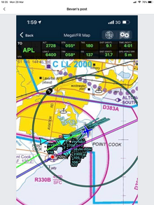 Screenshot of Electronic Flight Bag showing formation lead aircraft over Point Cook in the Air Armada