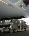 A C-17 Globemaster III offloads equipment at Rinas Airport, Tirana, Albania on 18 April 1999.