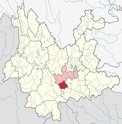 Location of Yuanjiang County jurisdiction (red) within Yuxi City (pink) and Yunnan