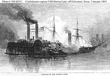 19th century lithograph of the Battle of Galveston