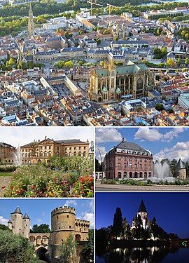 Clockwise from top: overview of city centre (with Cathedral of Saint Stephen), Imperial Quarter, Temple Neuf, Germans' Gate, Opéra-Théâtre (place de la Comédie)