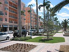 The street median functions as a promenade