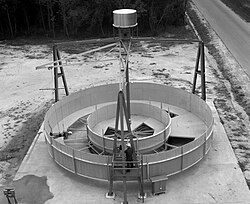 A NASA engineer takes a walk in simulated zero gravity around a mock-up of a full-scale, 7.3 m (24 ft) diameter space station in 1964.