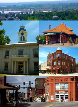 Clockwise, from top: US 64/US 71B bridge over the Arkansas River, Van Buren Old Frisco Depot, Crawford County Bank Building, Main Street in the Van Buren Historic District, Crawford County Courthouse