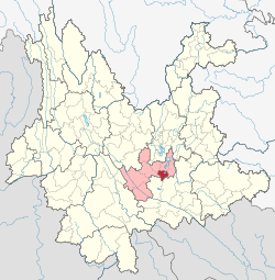 Location of Tonghai County (red) and Yuxi City (pink) within Yunnan