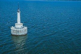 View of the Green Bay Harbor Entrance Light from a helicopter.