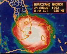 Infrared satellite image of Andrew, with its eye clearly visible