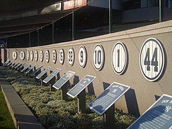 Row of blue numbers hung on a wall