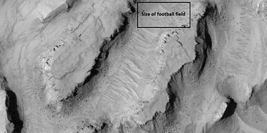 Close view showing blocks being formed, as seen by HiRISE under HiWish program. Note: this is an enlargement of the previous image. Box represents size of football field.