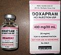 A vial of doxapram (1-ethyl-4- (2-morpholin-4-ylethyl)- 3,3-diphenyl-pyrrolidin-2-one), a pharmaceutical drug that stimulates an increase in tidal volume and respiratory rate by its action on chemoreceptors in the carotid bodies and brainstem