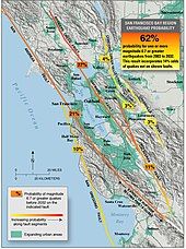 A map tracing all the fault lines in the Bay Area, and listing probabilities of earthquakes occurring on them.