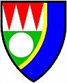 a flank to the base embowed - Per fess argent and vert; three piles, issuing from the chief, gules, in chief, and in base a plate; a sinister flank to the base embowed azure and fimbriated or - Deeside Golf Club